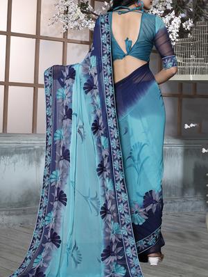 sky blue chiffon embroidered saree with blouse - 15010552 - Standard Image - 2