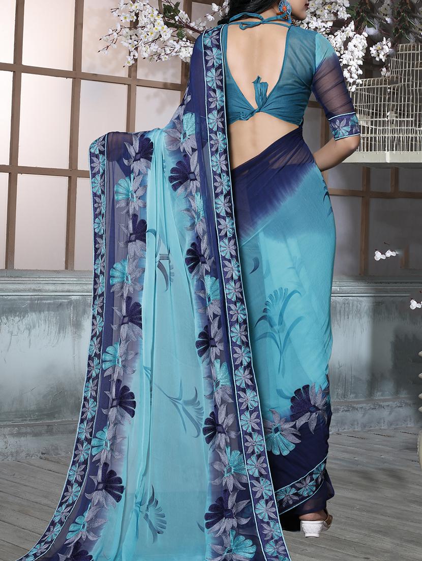 sky blue chiffon embroidered saree with blouse - 15010552 - Zoom Image - 2