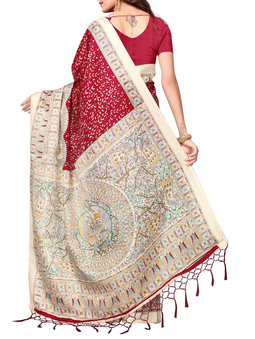 Contrast bordered printed saree with blouse - 15010668 - Zoom Image - 2