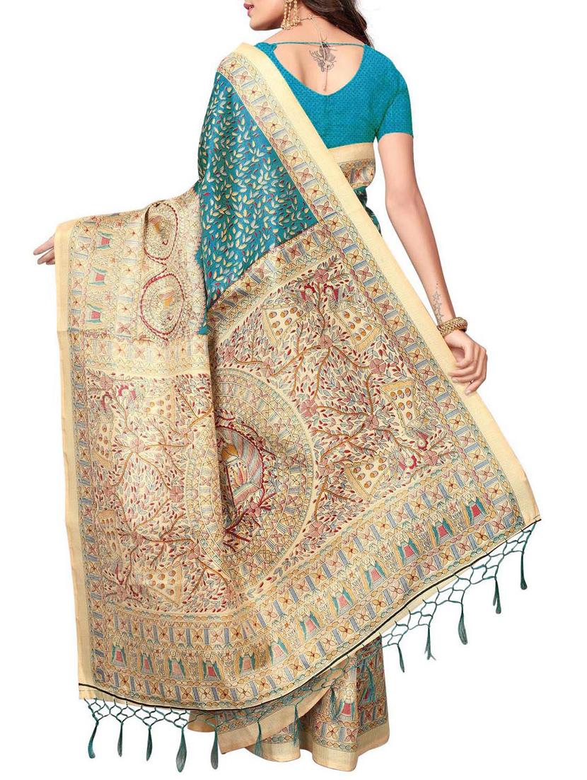 turquoise art silk printed saree with blouse - 15010669 - Zoom Image - 2