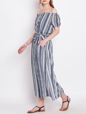 blue striped rayon off shoulder dress - 15011297 - Standard Image - 2