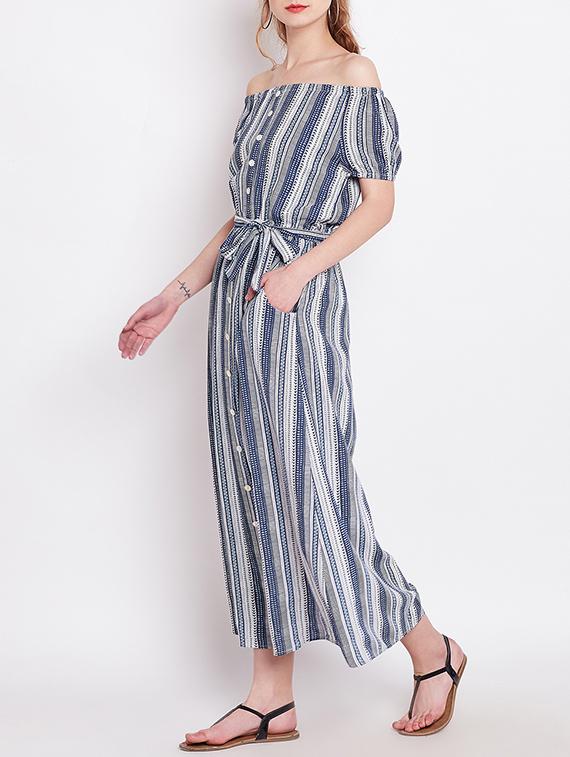 blue striped rayon off shoulder dress - 15011297 - Zoom Image - 2
