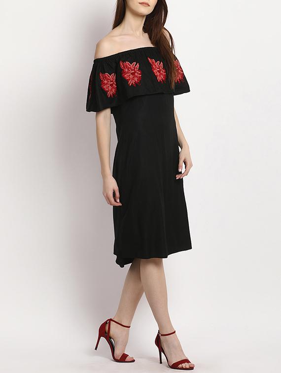 black embroidered rayon off shoulder dress - 15011312 - Zoom Image - 2