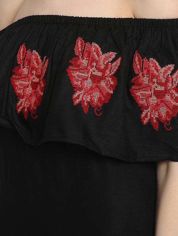 black embroidered rayon off shoulder dress - 15011312 - Zoom Image - 5
