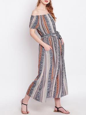 blue printed rayon off shoulder dress - 15011411 - Standard Image - 2