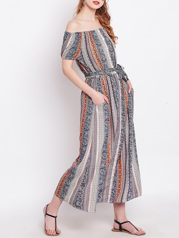 blue printed rayon off shoulder dress - 15011411 - Zoom Image - 2