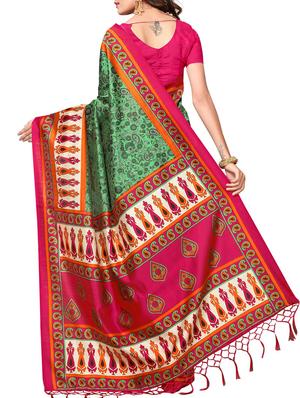 green tussar silk printed saree with blouse - 15012986 - Standard Image - 2