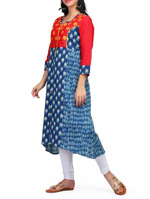 blue cotton highlow kurta - 15013698 - Standard Image - 2