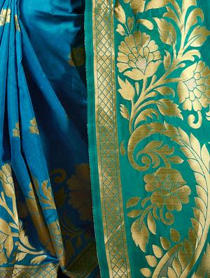 turquoise cotton silk woven saree with blouse - 15014451 - Standard Image - 2
