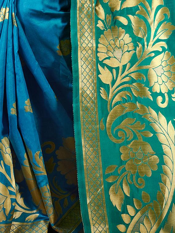 turquoise cotton silk woven saree with blouse - 15014451 - Zoom Image - 2