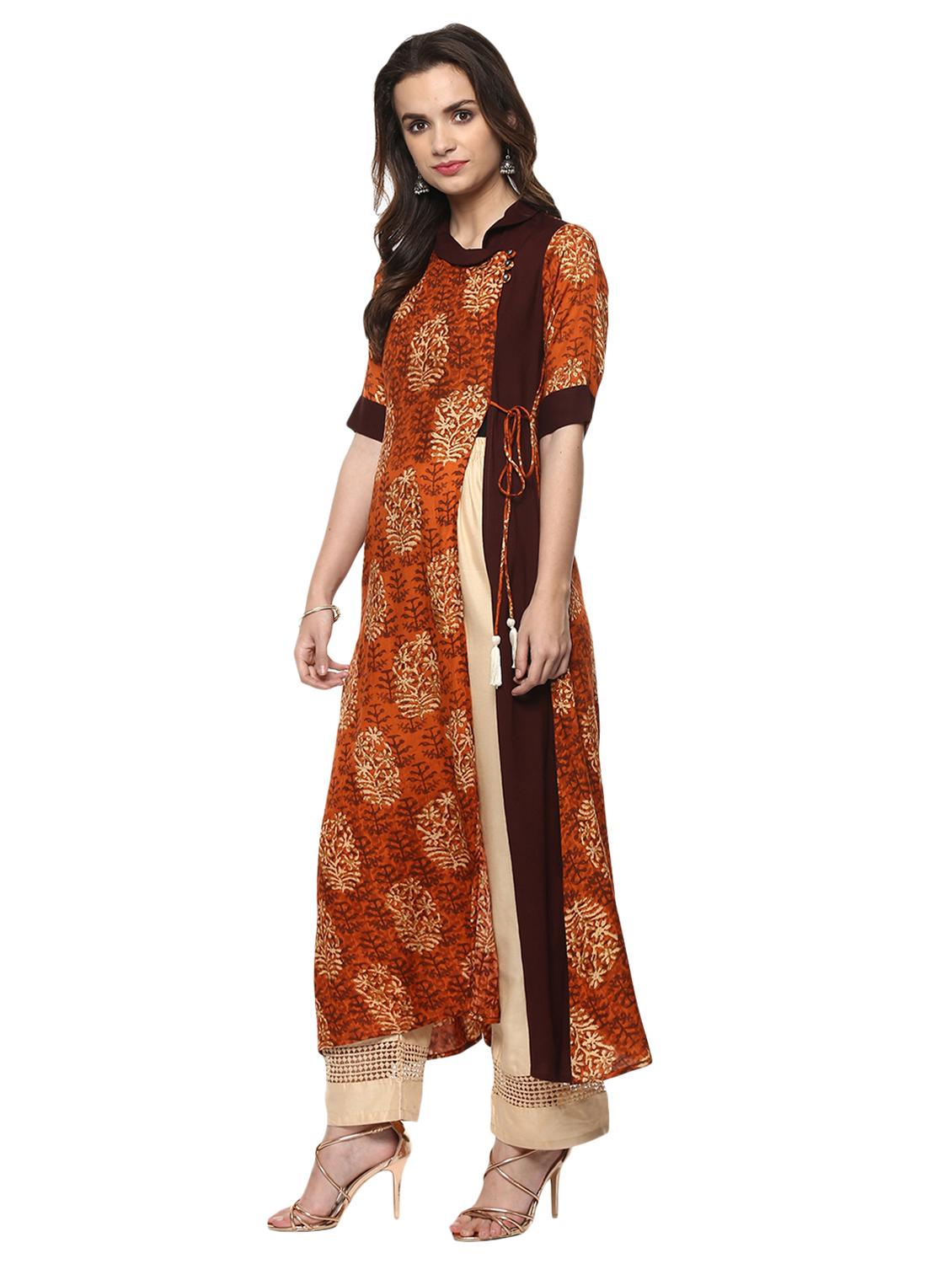 brown viscose high slit kurta - 15015121 - Zoom Image - 2