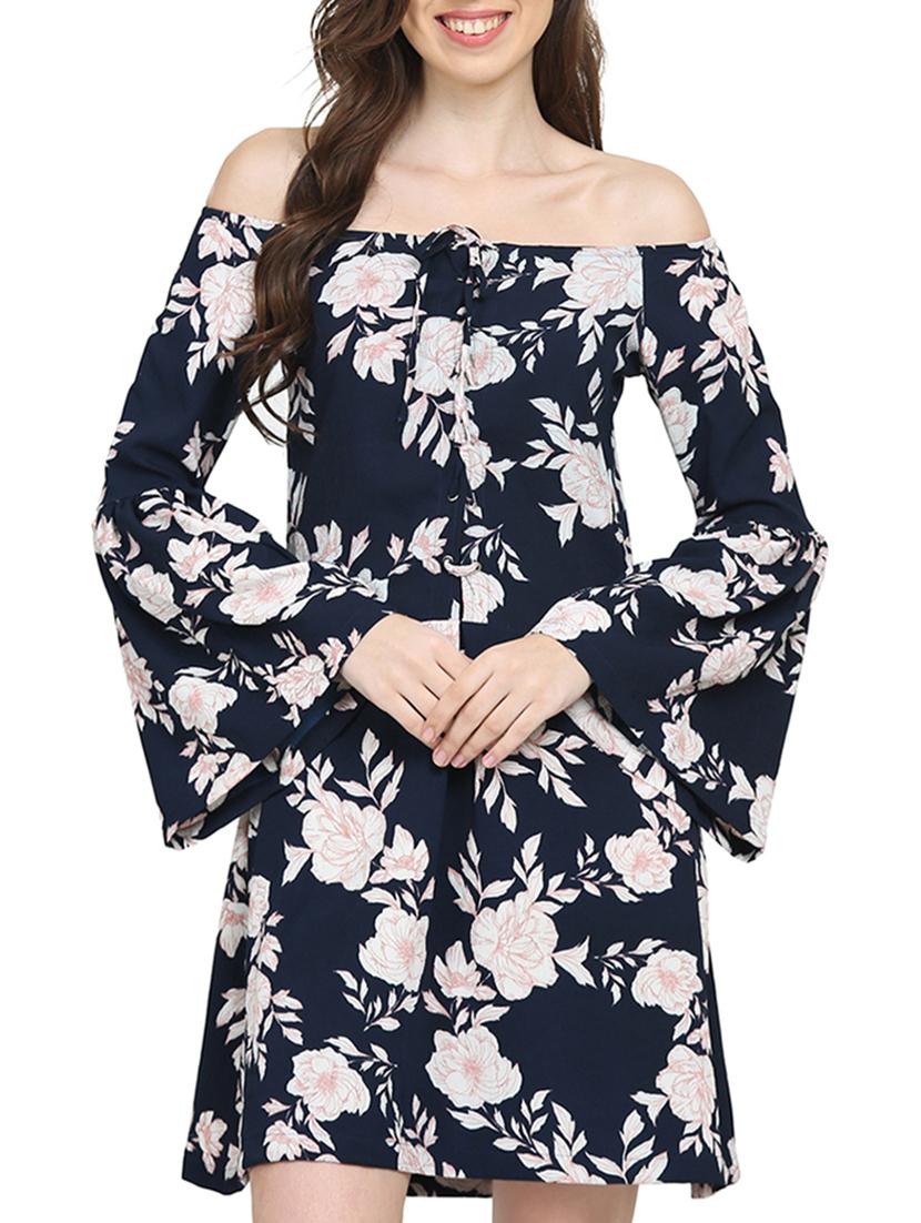 navy blue floral off shoulder dress - 15015526 - Zoom Image - 2