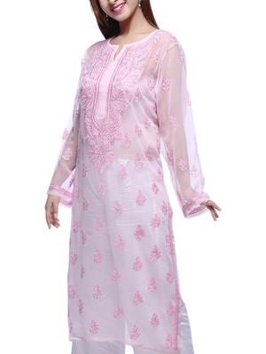 ada pink georgette straight chikankari kurta - 15015557 - Standard Image - 2