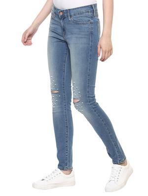 blue knee slit denim jeans - 15015917 - Standard Image - 2