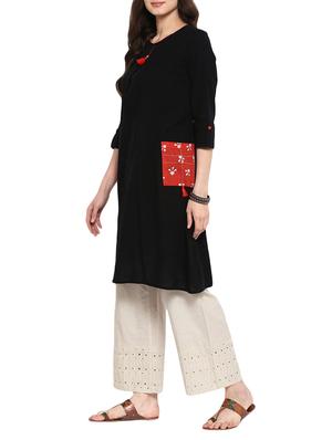 black cotton a-line solid kurta - 15015952 - Standard Image - 2