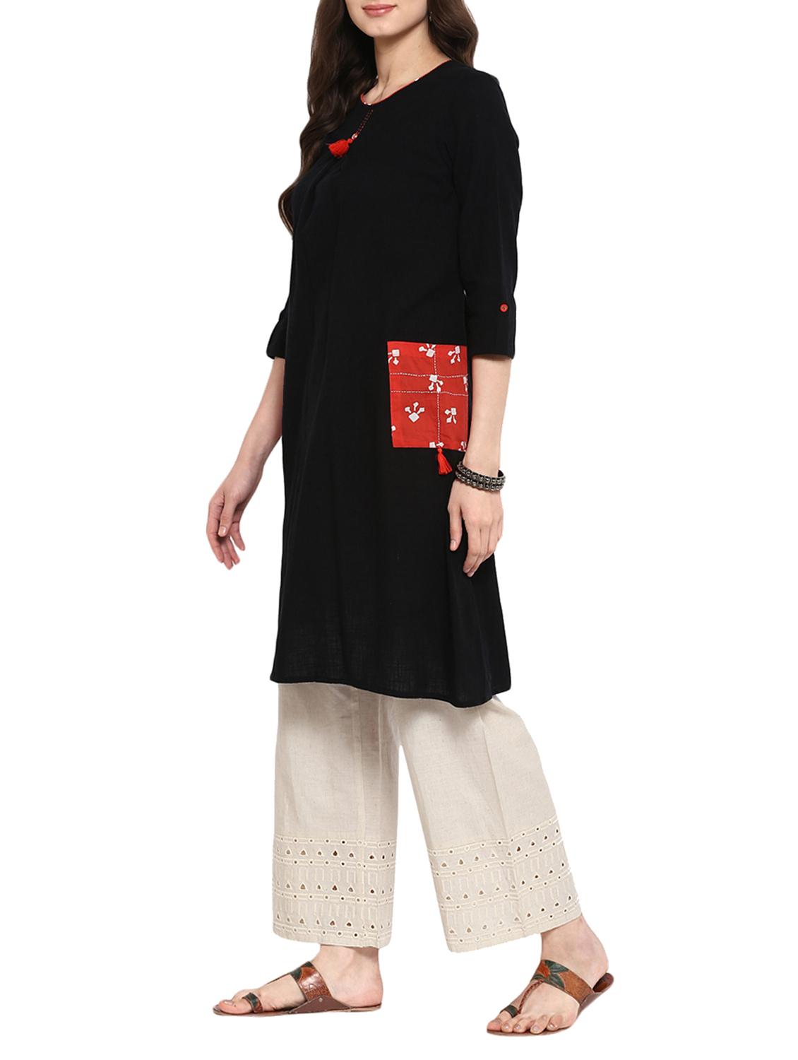 black cotton a-line solid kurta - 15015952 - Zoom Image - 2