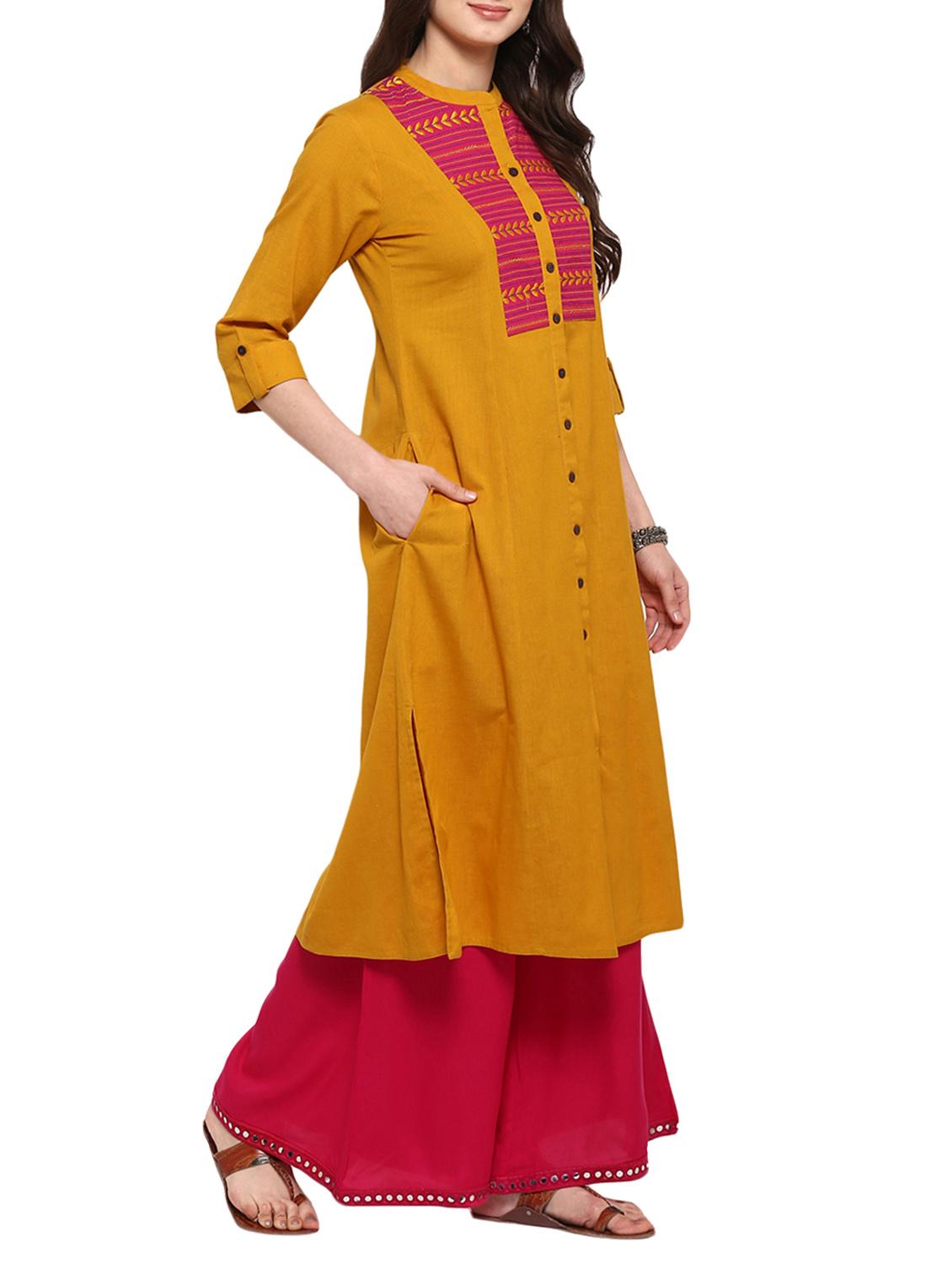 mustard cotton aline kurta - 15015956 - Zoom Image - 2