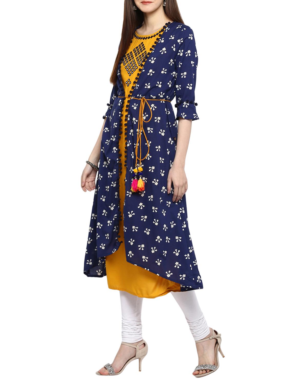 mustard rayon layered kurta - 15015974 - Zoom Image - 2