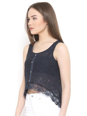 navy blue crepe crop top - 15016610 - Standard Image - 2
