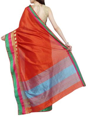 orange cotton blend bordered saree with blouse - 15016868 - Standard Image - 2