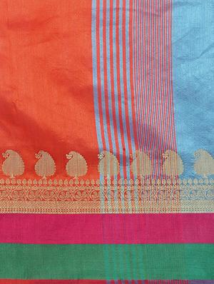 orange cotton blend bordered saree with blouse - 15016868 - Standard Image - 5