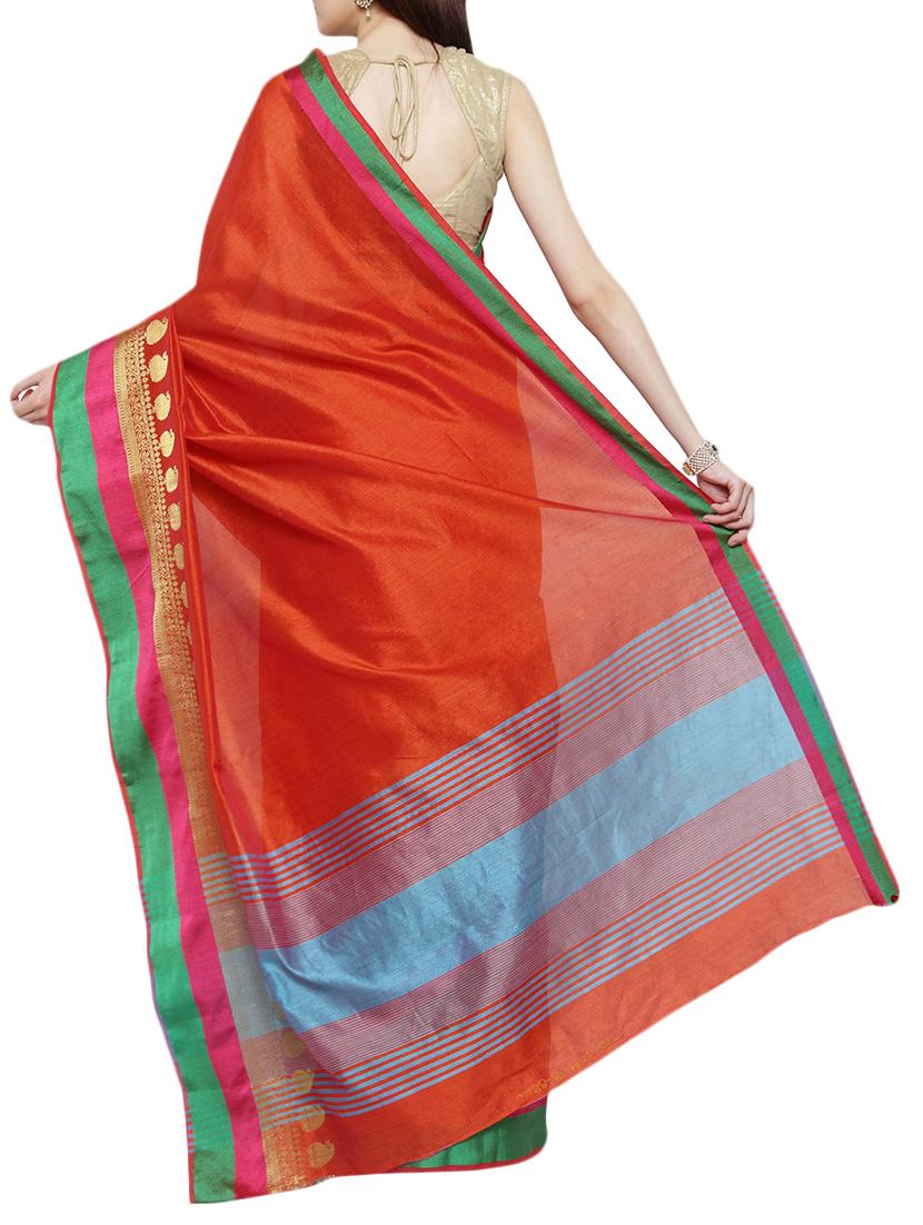 orange cotton blend bordered saree with blouse - 15016868 - Zoom Image - 2