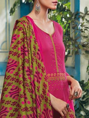 Pink cotton semi-stitched plazzo suit - 15017428 - Standard Image - 2