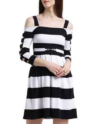 black cotton striped belted dress - 15019184 - Standard Image - 2