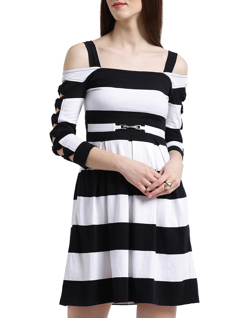 black cotton striped belted dress - 15019184 - Zoom Image - 2