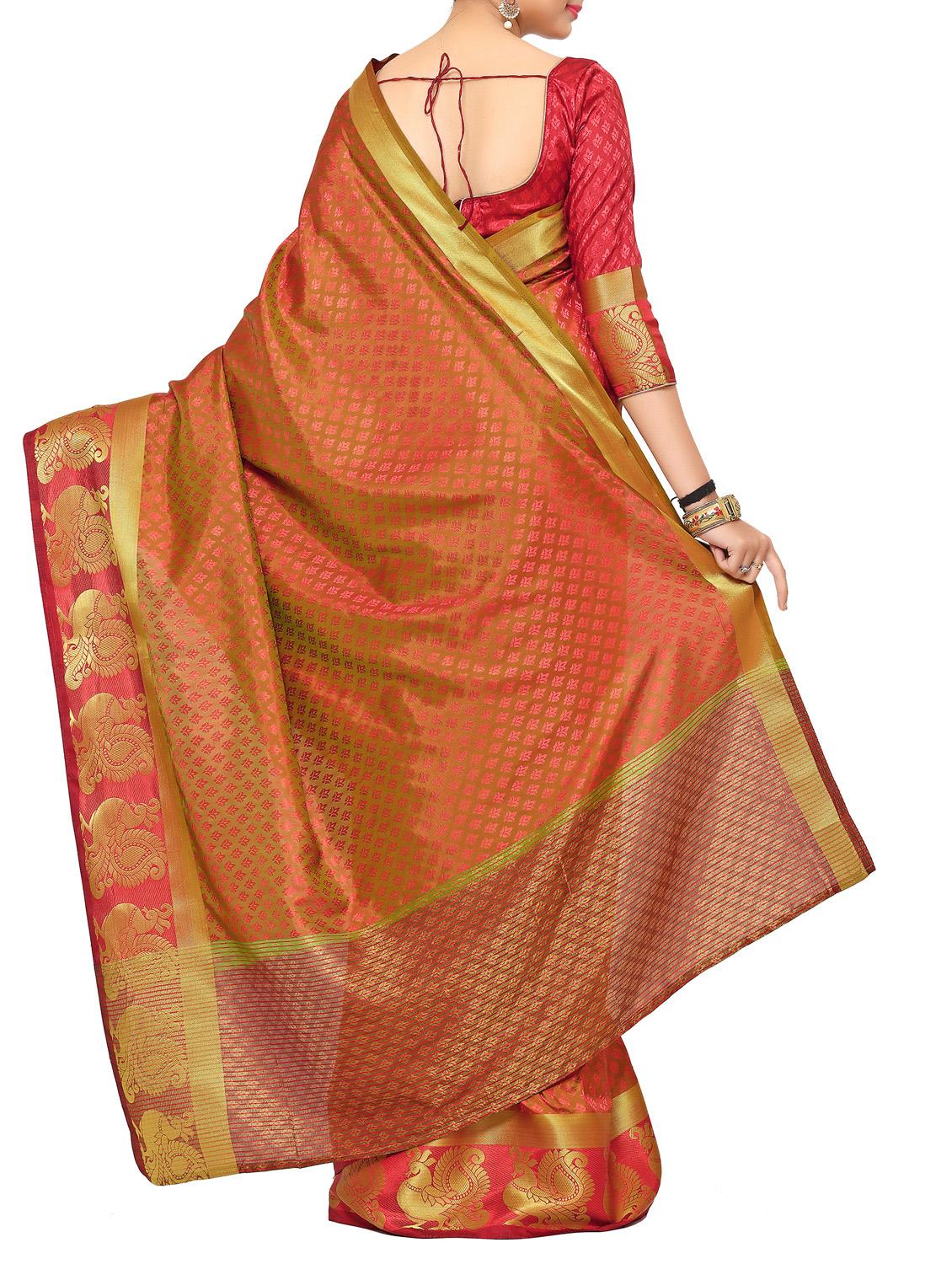 orange art silk woven saree with blouse - 15019307 - Zoom Image - 2