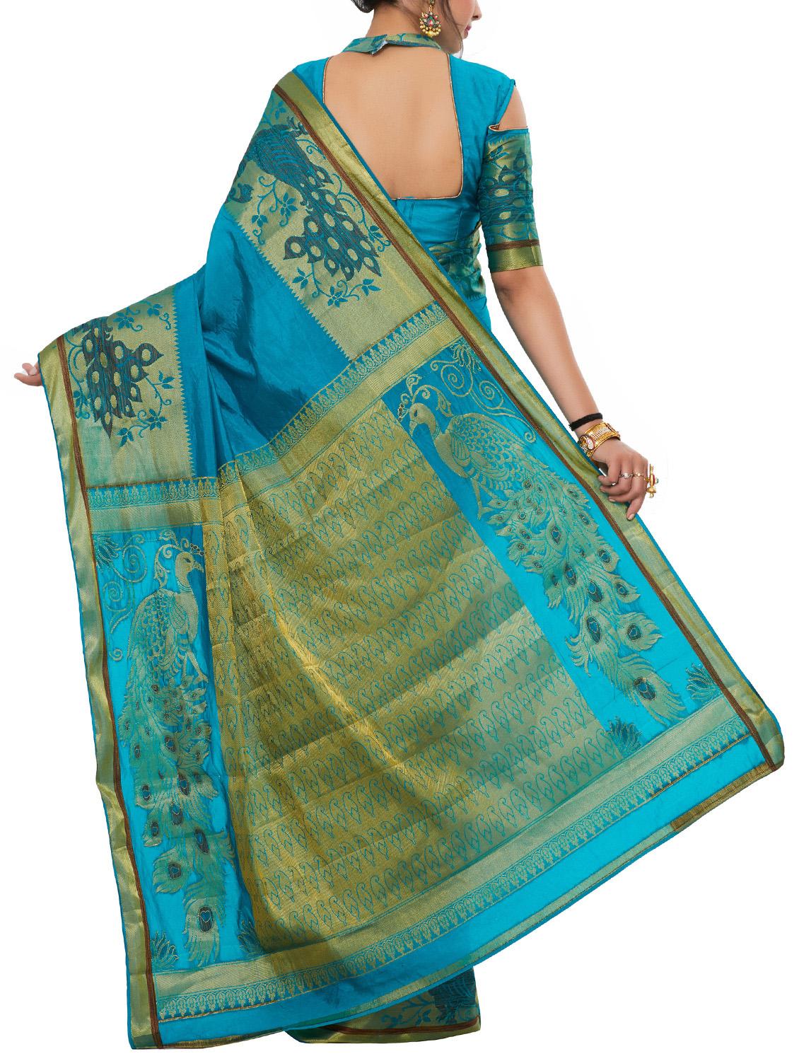 turquoise art silk woven saree with blouse - 15019326 - Zoom Image - 2