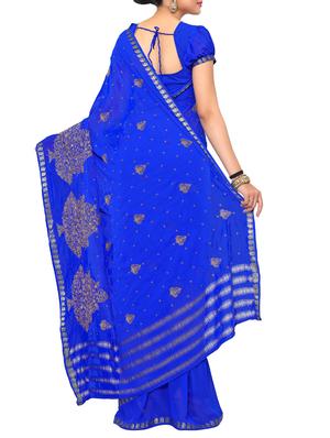 zari embroidered blue saree with blouse - 15019347 - Standard Image - 2