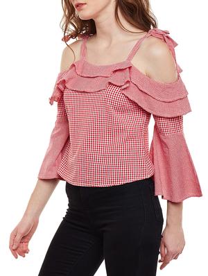 tie up cold shoulder checkered top - 15020112 - Standard Image - 2