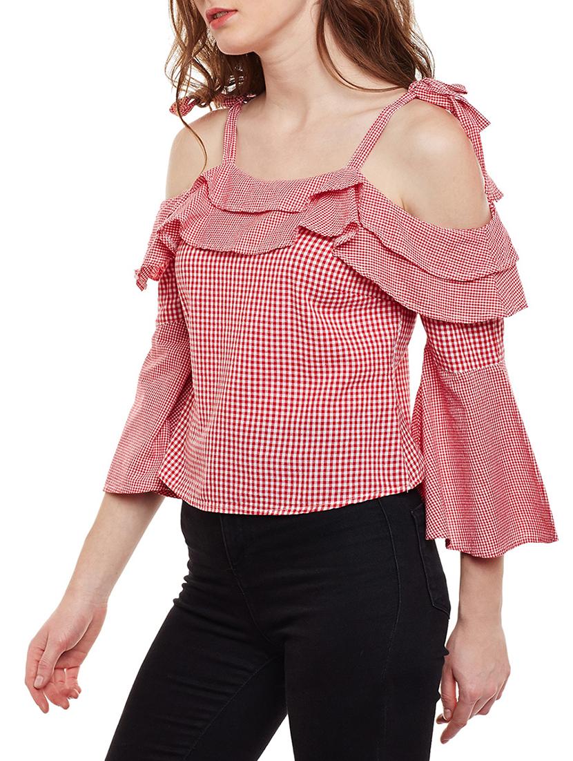 tie up cold shoulder checkered top - 15020112 - Zoom Image - 2