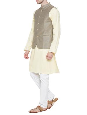 yellow cotton kurta pyjama set with waistcoat - 15020930 - Standard Image - 2