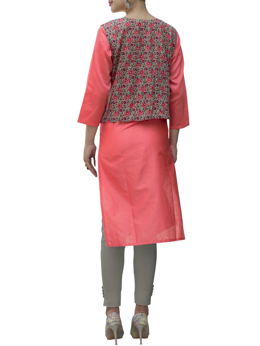 peach cotton straight kurta - 15021163 - Zoom Image - 2