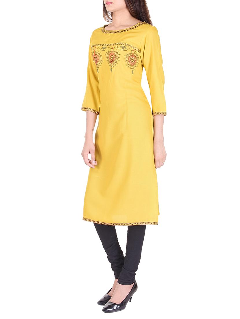 yellow rayon straight kurta - 15021836 - Zoom Image - 2