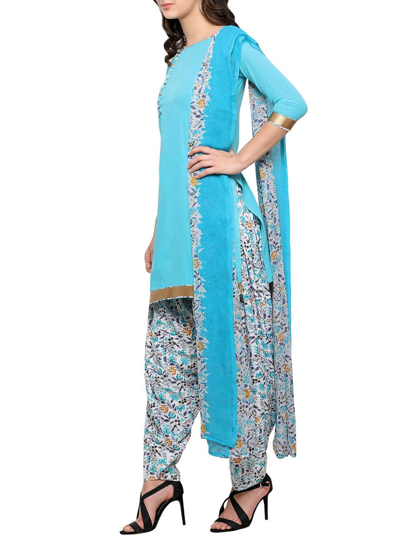 blue crepe patiyala suits unstitched suit - 15022280 - Zoom Image - 2