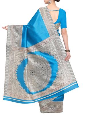 sky blue raw silk printed saree with blouse - 15022685 - Standard Image - 2
