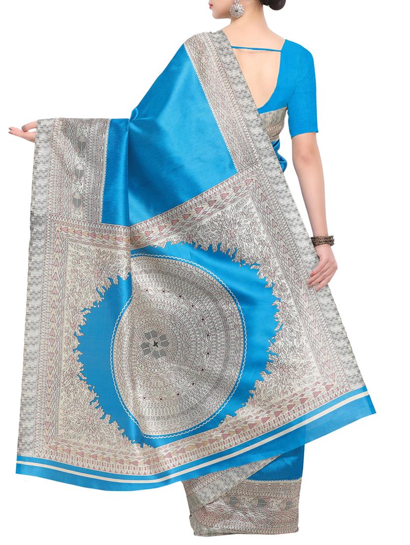 sky blue raw silk printed saree with blouse - 15022685 - Zoom Image - 2