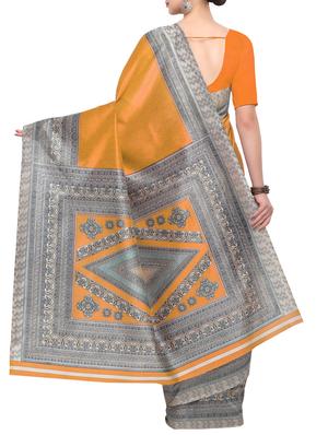 yellow raw silk printed saree with blouse - 15022692 - Standard Image - 2