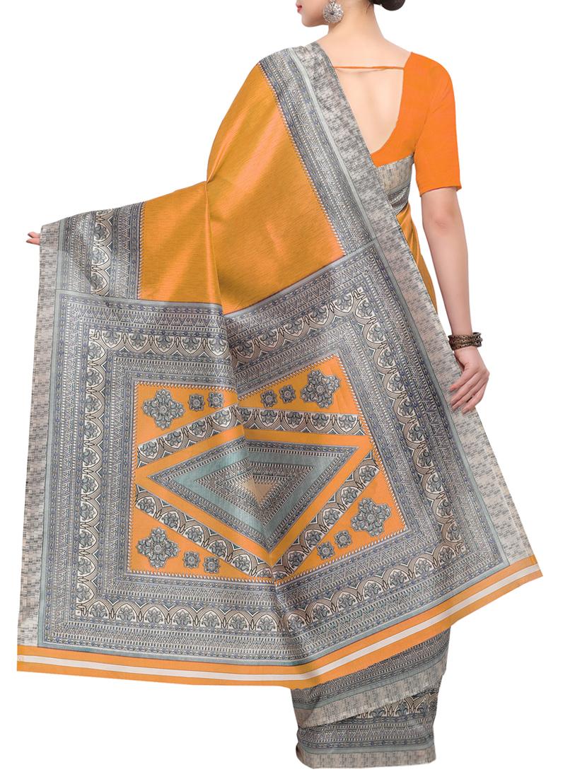 yellow raw silk printed saree with blouse - 15022692 - Zoom Image - 2