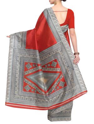 red raw silk printed saree with blouse - 15022693 - Standard Image - 2