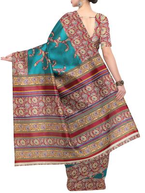 turquoise raw silk printed saree with blouse - 15022697 - Standard Image - 2
