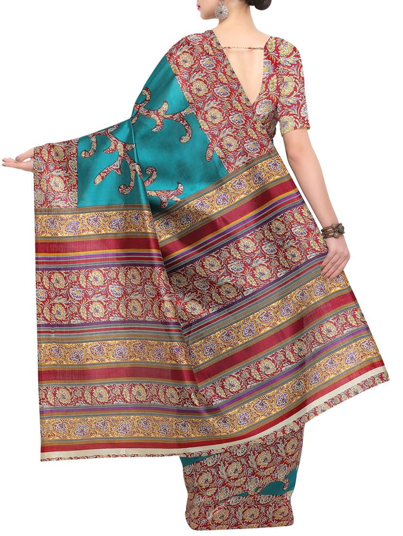 turquoise raw silk printed saree with blouse - 15022697 - Zoom Image - 2