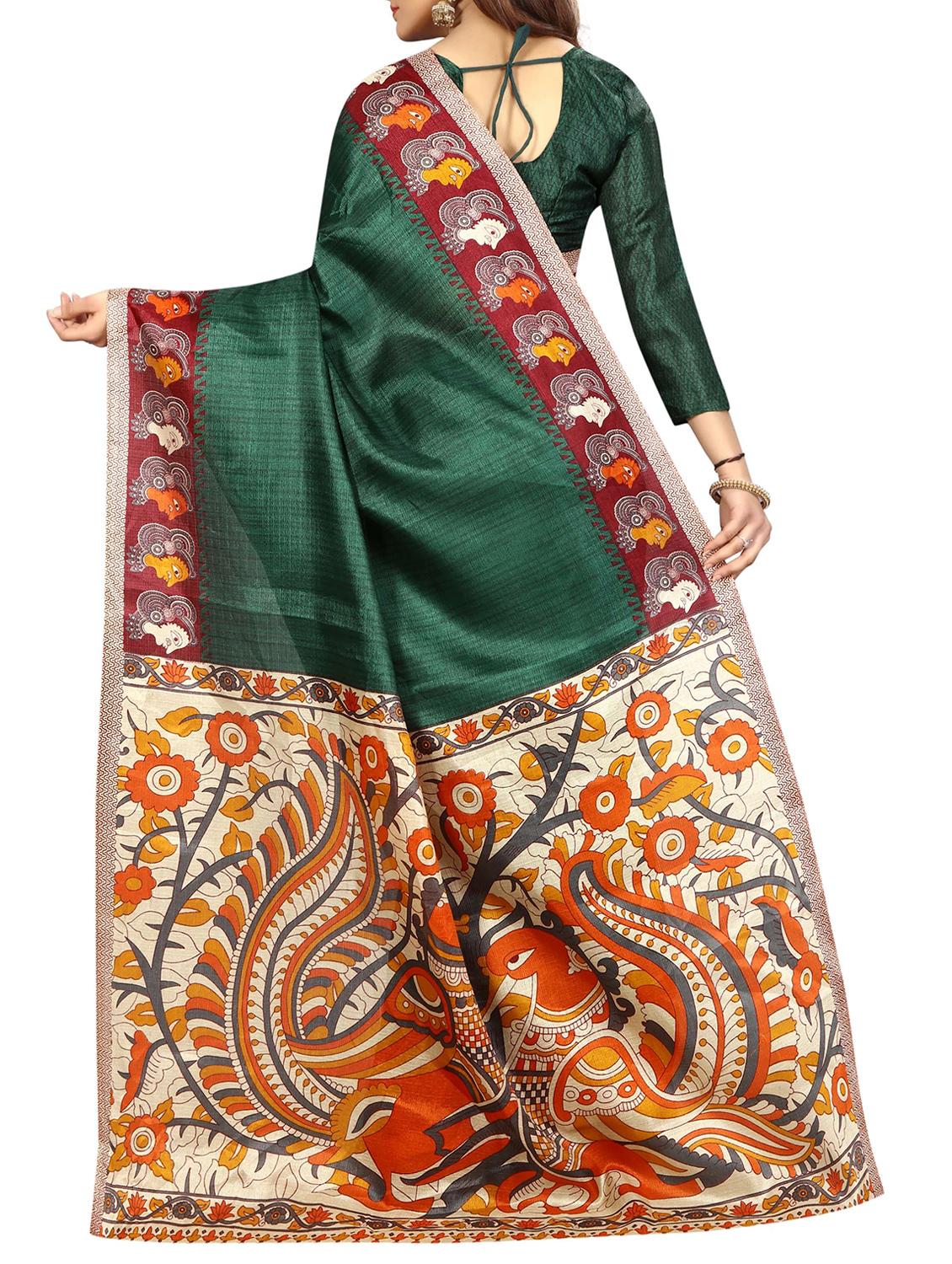green khadi printed saree with blouse - 15022765 - Zoom Image - 2