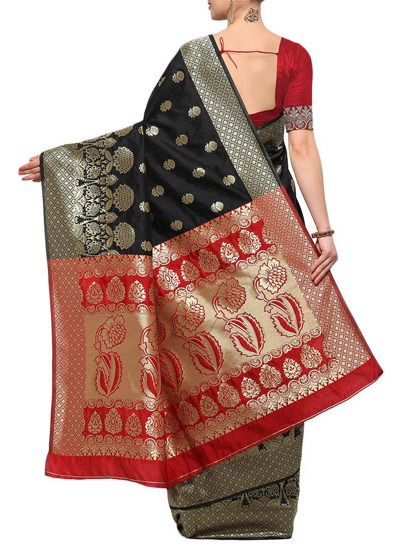 black cotton silk banarasi saree with blouse - 15023120 - Zoom Image - 2