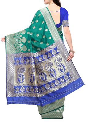 green cotton silk banarasi saree with blouse - 15023121 - Standard Image - 2