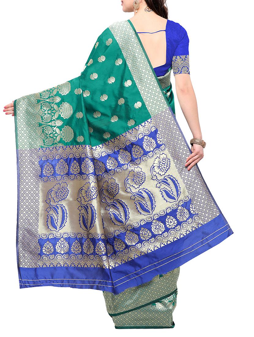 green cotton silk banarasi saree with blouse - 15023121 - Zoom Image - 2