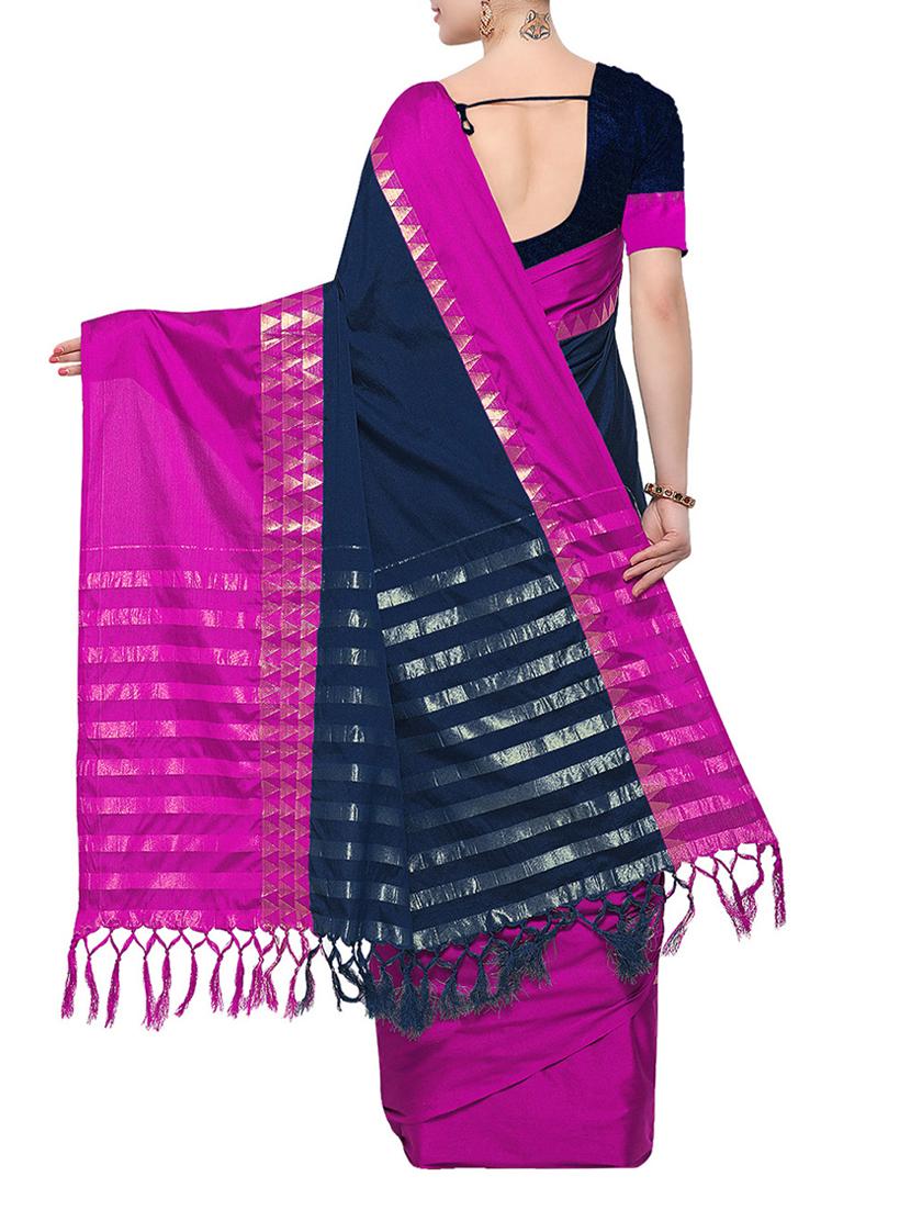 blue cotton blend maheshwari saree with blouse - 15023124 - Zoom Image - 2